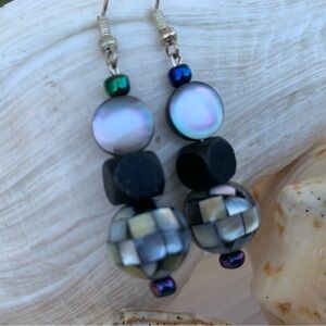 Mother of Pearl look Earrings boho Black bead Mix sterling silver hooks Handmade